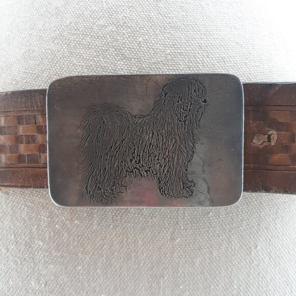 Men's Tooled Brown Leather Belt Basket Weave Shaggy Dog Buckle Old English Sheep - Picture 13 of 13